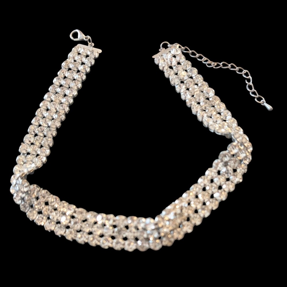 Vintage Choker Necklace Glass Rhinestone 3 Row Adjustable Y2K Prom Wedding